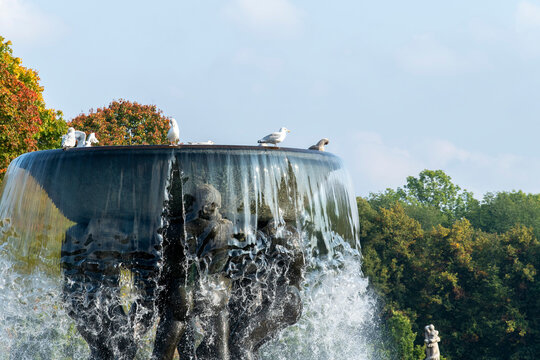 Oslo, Norway-23 September 2024; Fountain with sculptures in public Frogner Park or informally Vigeland Sculpture Park with Vigeland installation of sculptures created by sculptor Gustav Vigeland