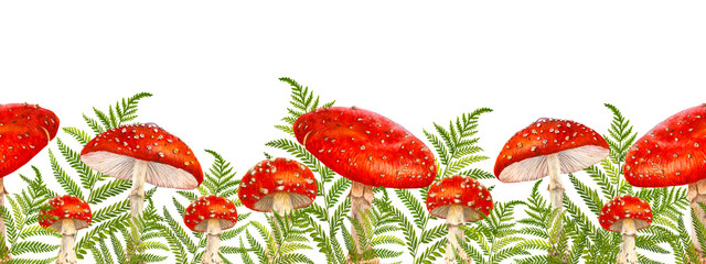 Endless watercolor frame with poisonous mushrooms and fern for banners, wallpapers