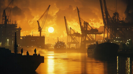 Naklejka premium Ocean port at sunset with cranes, ships, and golden water reflections