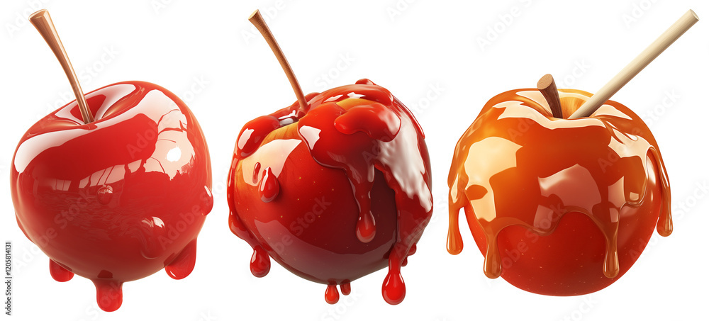 Poster three glossy candy apples with vibrant red and caramel coatings are isolated on transparency backgro