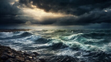 Obraz premium Stormy sea view near coastline at evening time. Waves, splashed drops under dark dramatic sky. 