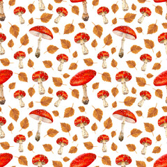 Seamless pattern of watercolor illustrations of forest mushrooms