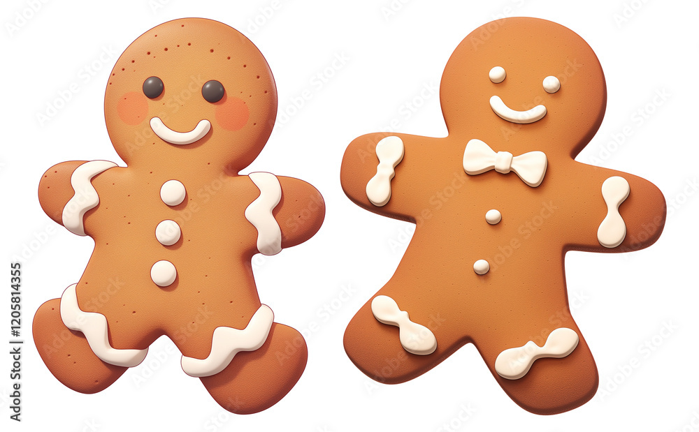 Poster two cute cartoon gingerbread cookies with icing decorations are isolated transparency background. co