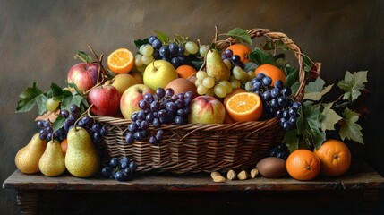 Autumn fruit basket still life, dark background, harvest