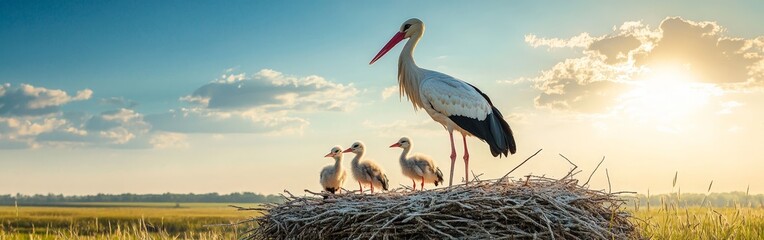 A bird family nesting under a bright blue sky, symbolizing nature, family bonds, and wildlife. Great for wildlife documentaries, family-themed content, and nature conservation projects.