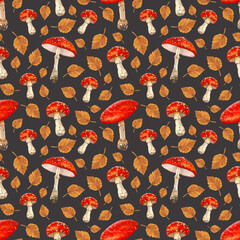 Seamless pattern of watercolor illustrations of forest mushrooms