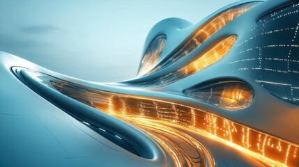A futuristic building with dynamic, curving lines and glowing LED accents