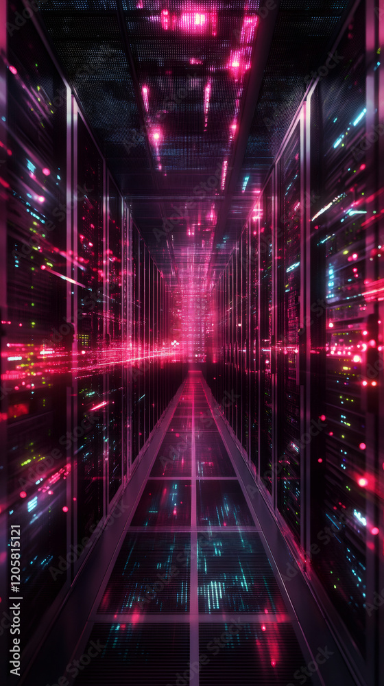 Leinwandbilder server racks glowing with vibrant pink and teal lights line a sleek corridor in a cutting-edge data 