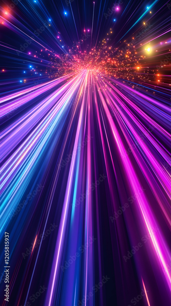 Poster Colorful light trails exploding from a bright core in space, creating a vibrant and dynamic abstract composition