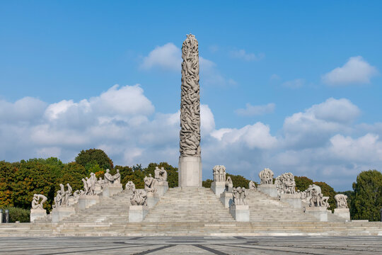 Oslo, Norway-23 September 2024; The Monolith (Monolitten) sculpture in public Frogner Park or informally Vigeland Sculpture Park with Vigeland installation of sculptures created by Gustav Vigeland