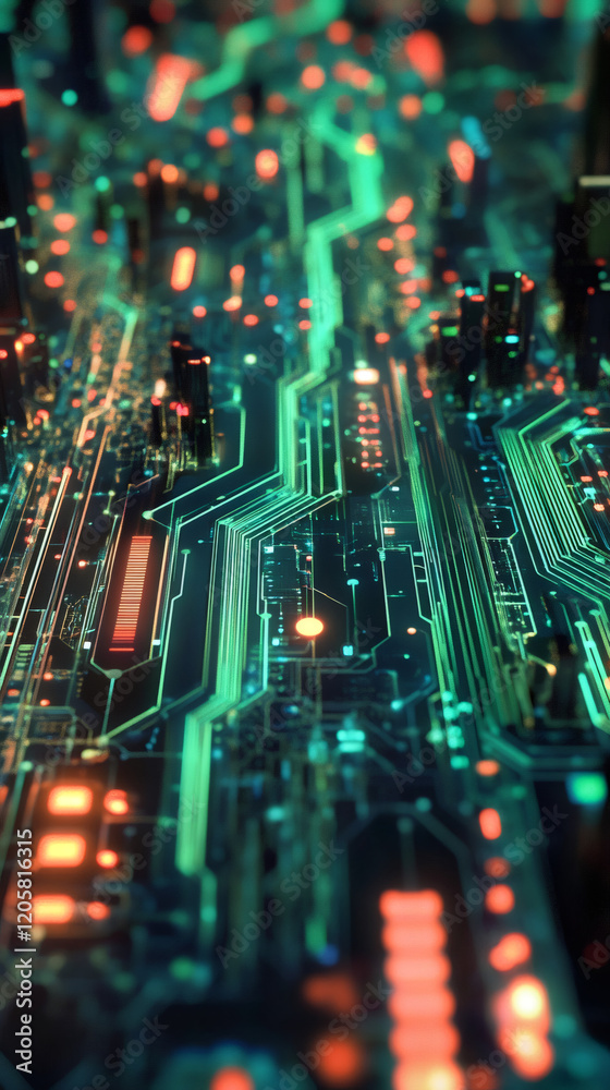 Aufkleber Complex network of circuits transmitting data with glowing lights, representing technological advancement and innovation