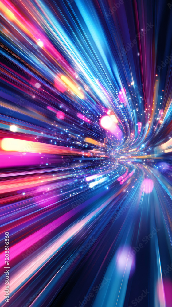 Poster vivid light streaks spiraling, merging into luminous vortex, radiating dynamic energy through swirli