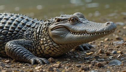 Fototapeta premium A close-up of a crocodile basking on the riverbank.