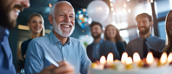 retiree is joyfully surrounded by coworkers at office retirement party, with cake and candles in foreground. atmosphere is festive and celebratory, with balloons and smiling faces