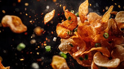 Spicy potato chips, flying, studio, dark background, food advertising