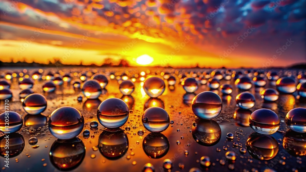 Poster Sunset Reflected in Droplets on a Surface. Generative AI