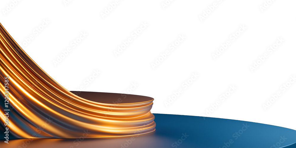 Poster luxurious abstract background featuring flowing golden drapery on smooth blue surface, creating sens