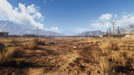 A barren landscape with dry grass and distant mountains under blue sky.