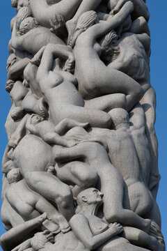 Oslo, Norway-23 September 2024; Close up of The Monolith (Monolitten) sculpture in public Frogner Park or (Vigeland Sculpture Park) with Vigeland installation of sculptures created by Gustav Vigeland
