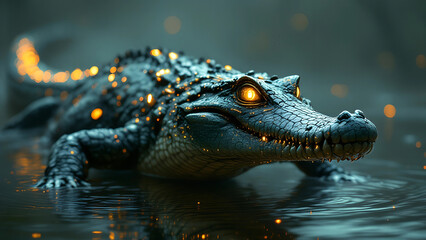 Fototapeta premium A crocodile transformed into a cyborg with robotic parts and metallic enhancements.