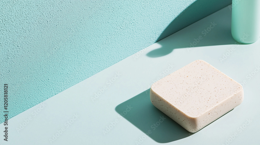 Aufkleber minimalist composition featuring rectangular soap on light blue surface with textured wall, showcasing cleanliness and simplicity
