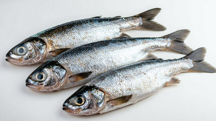Fototapeta premium A high-resolution image of fresh fish with shiny scales, laid out on a pure white background, emphasizing their silvery tones and natural textures.
