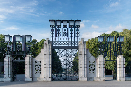 Oslo, Norway-23 September 2024; Entrance gates to public Frogner Park (Frognerparken) or informally Vigeland Sculpture Park with Vigeland installation of sculptures created by sculptor Gustav Vigeland