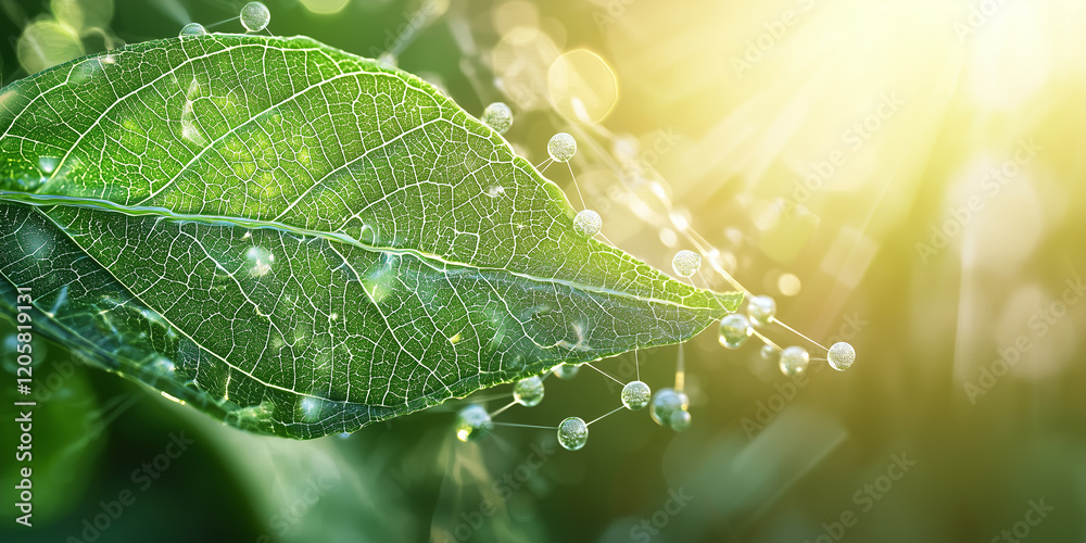 Poster vibrant green leaf with visible veins and water droplets is illuminated by sunlight, creating fresh 