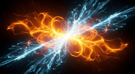 Fiery Ice Collision: Abstract artwork depicting a dramatic clash between vibrant orange flames and icy blue energy, creating a mesmerizing visual spectacle of contrasting elements.