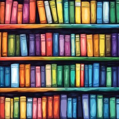 A vibrant and seamless book-themed pattern featuring colorful books arranged like a bookcase, perfect for lively backgrounds, decor, and educational themes.