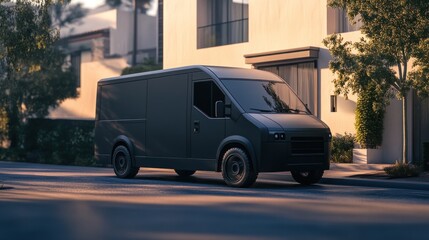 Dark van parked suburban street sunset delivery