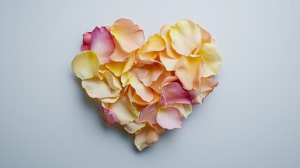 Colorful rose petals arranged in a heart shape on a light background create a romantic and serene atmosphere for any occasion