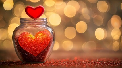 Decorative glass jar filled with red glitter hearts for a romantic celebration or event