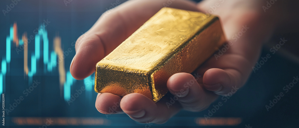 Aufkleber close up of hand holding gold bar with investment graph in background, symbolizing wealth and financ