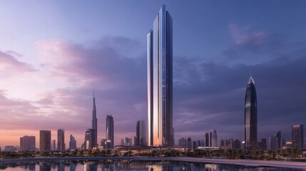 A sleek skyscraper with a mirrored glass facade reflecting the city skyline
