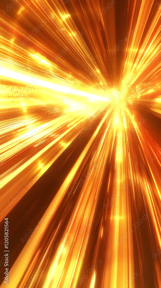 Poster Abstract golden light beams exploding from a central point creating a vibrant radial pattern, ideal for backgrounds and visual effects