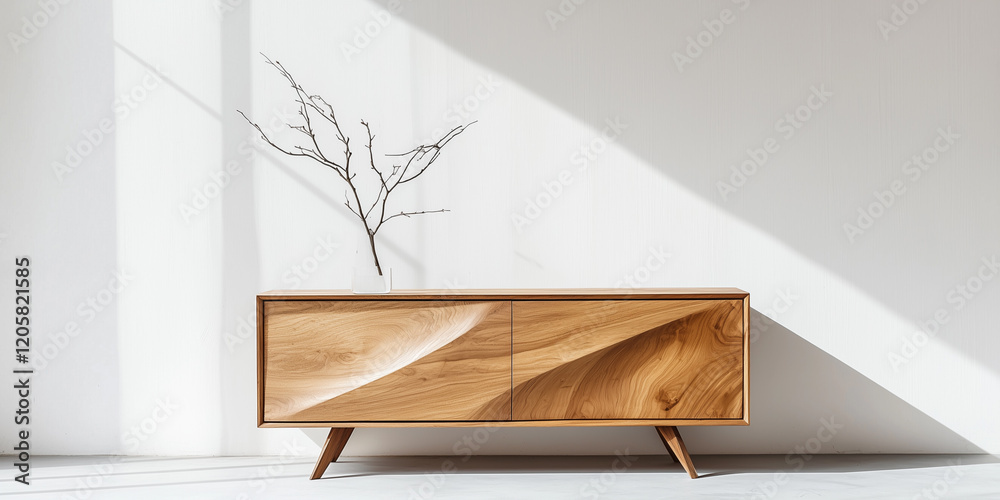 Poster minimalist wooden sideboard with abstract design stands against white wall, complemented by simple b
