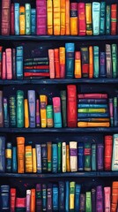 Naklejka premium A vibrant and seamless book-themed pattern featuring colorful books arranged like a bookcase, perfect for lively backgrounds, decor, and educational themes.