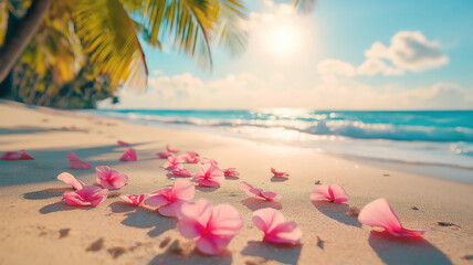 Tropical beach decorated with bright pink flower petals. The concept of an ideal place for relaxation, romance or photo sessions.