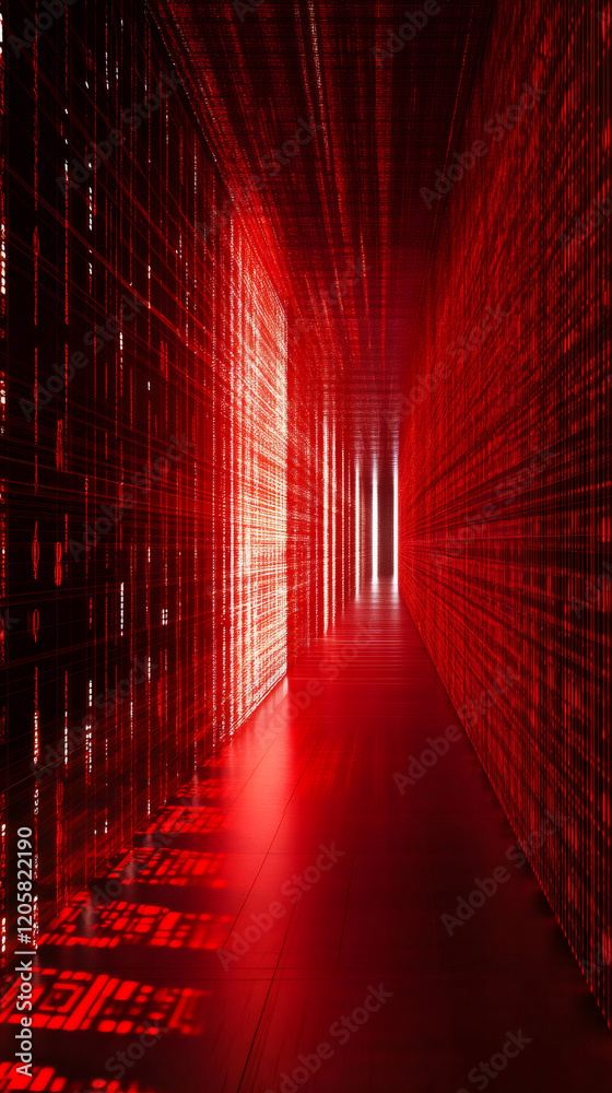 Poster digital binary flow cascading through server racks, red-tinted lighting revealing intricate network 
