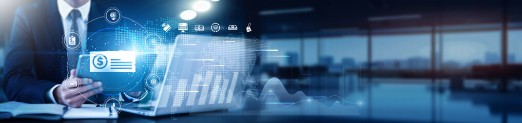 A consumer using a tablet with a digital interface overlay showing payment options, transaction...