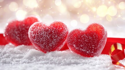 Fototapeta premium Romantic red hearts made of jelly on snow with festive ribbon during winter celebration