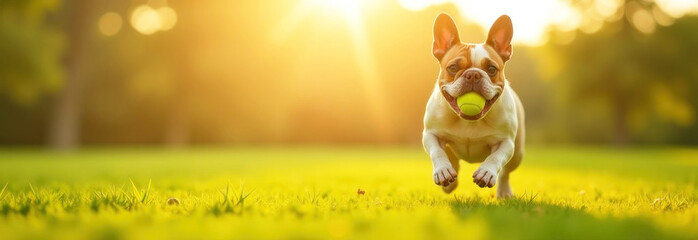 Happy french bulldog running on grass at sunset fetching tennis ball