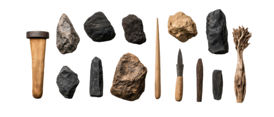Collection of unique rocks and tools for creative and artistic projects. transparent background