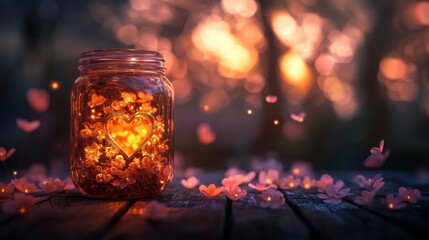 Jar filled with glowing lights and flowers creates a magical atmosphere at sunset