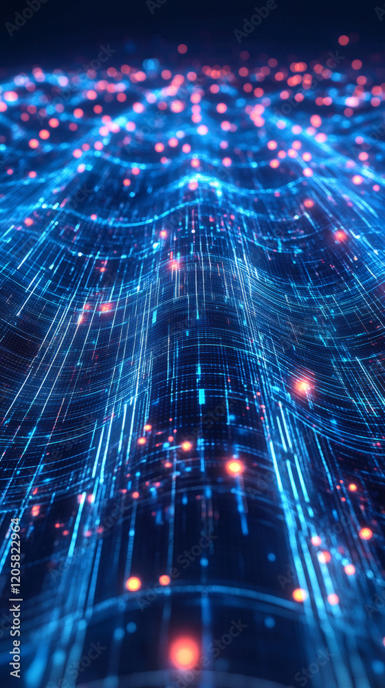 Poster futuristic digital wave flowing with binary code and orange particles, representing big data, coding
