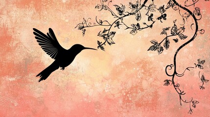 Hummingbird approaching flower-filled tree branch against a colorful background