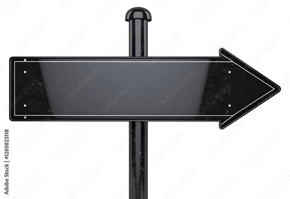 Poster glossy black plastic sign with clean lines and arrow shape is isolated on transparency background, perfect for directing attention or providing information