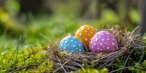 Obraz premium Colorful Easter eggs nestled in a grass-covered nest outdoors
