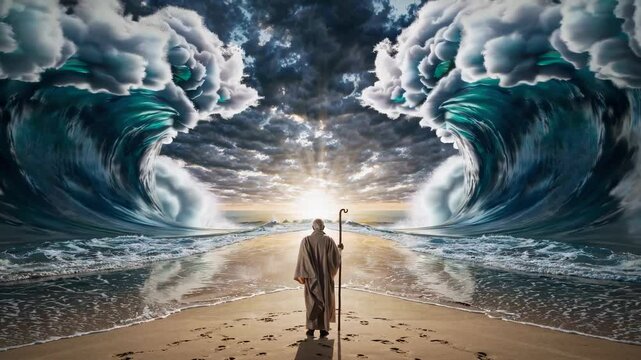 Moses Parting The Red Sea Bible Verse Representation, Biblical Exodus Scene Christianity Video 4K